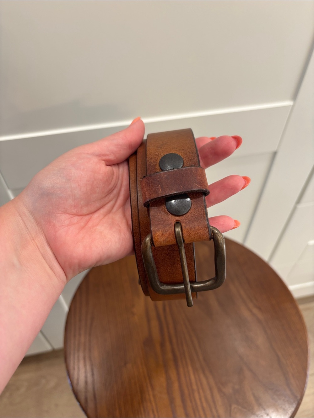 Men's Brown Leather Belt with Antique Brass Buckle